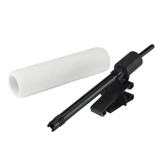 BLACKDECKER BDPR400 paint roller handle with white roller refill, product photography on white background.