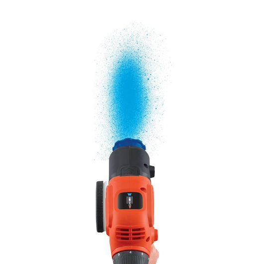 BLACKDECKER BDPS200 spray gun front angle spraying blue paint on white background.