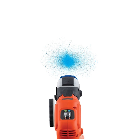 Photo of BLACKDECKER BDPS400 paint sprayer front view spraying blue paint on white background.
