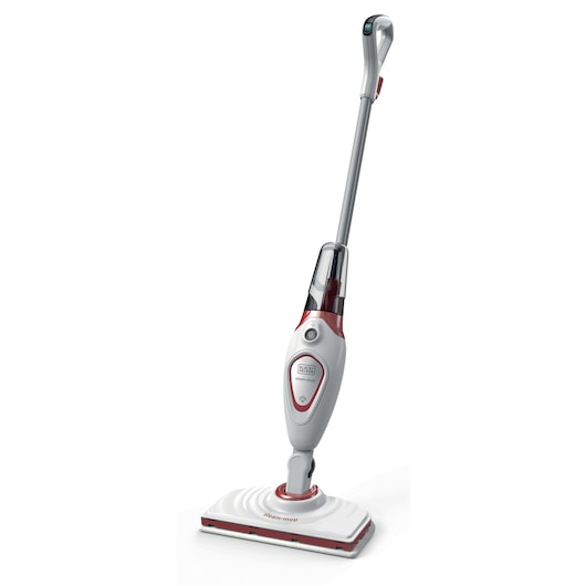 A BLACK+DECKER steam mop with a white and red design, featuring a long handle, water tank, and rectangular cleaning head.