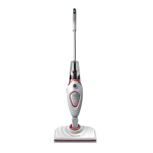 A BLACK+DECKER steam mop with a white and red design, featuring a long handle and a rectangular cleaning head, shown standing upright against a white background.