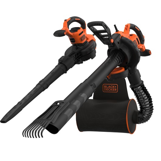 BLACK+DECKER leaf blower and vacuum with an orange and black design, featuring a long nozzle, a flexible tube, and an attached collection bag.