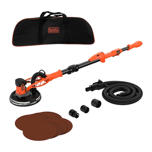 BLACK+DECKER drywall sander set with sanding discs, hose, attachments, and carrying bag in black and orange.