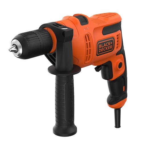 Orange BLACK+DECKER BEH200K corded drill with side handle and black grip, suitable for home improvement.