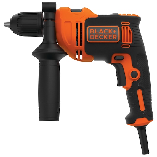 A BLACK+DECKER electric drill with an auxiliary handle, featuring a black and orange color scheme. The drill is shown from the side, displaying the brand logo prominently on its body.