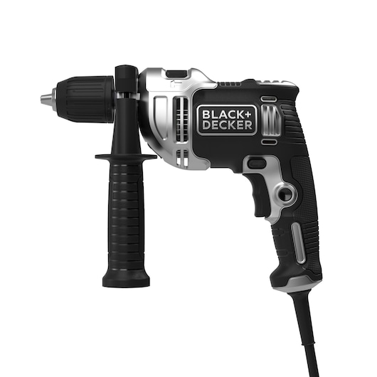 A BLACK+DECKER corded electric drill with a side handle, shown in a close-up view on a white background.
