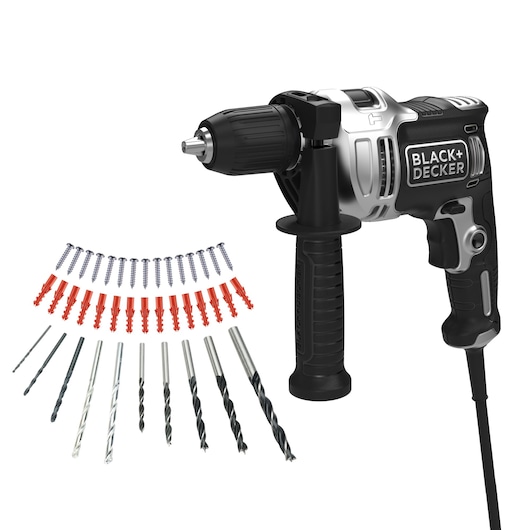 BLACK+DECKER corded drill BEH71A40SK with side handle, drill bits, screws, and wall plugs, front angle on white.