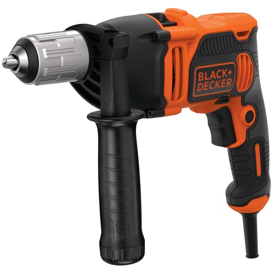 A BLACK+DECKER electric drill with an orange and black handle and a side grip attachment.