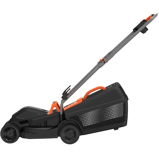 A side view of a BLACK+DECKER electric lawn mower with a black and orange design, featuring a mesh grass collection box and a long handle.