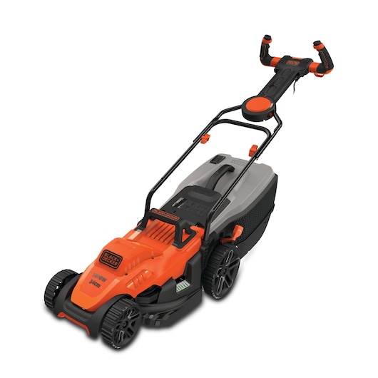 A BLACK+DECKER electric lawn mower with a bright orange and black design, featuring large wheels, a grass collection box, and ergonomic handles.