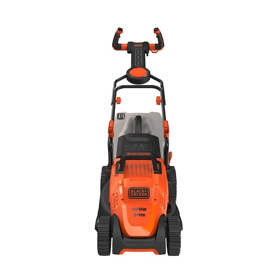 Front view of an orange and black BLACK+DECKER electric lawn mower with ergonomic handle, large wheels, and a grass collection box.
