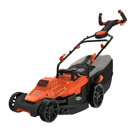 A BLACK+DECKER electric lawn mower with an orange and black body, ergonomic handle, and large rear grass collection box.