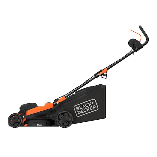 A BLACK+DECKER electric lawn mower with a 34 cm cutting width, featuring a black and orange design and a grass collection box attached at the rear.