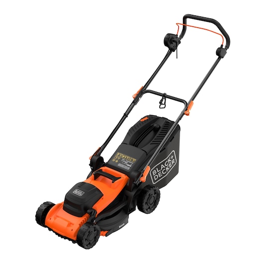 A BLACK+DECKER electric lawn mower with an orange and black design, featuring a large grass collection box and adjustable handle.