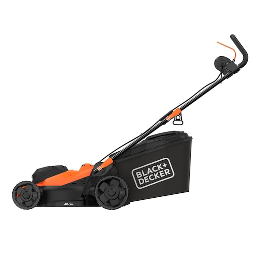 Side view of a BLACK+DECKER electric lawn mower with an orange and black design, showing its wheels, handle, and grass collection box.