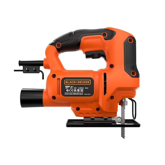 A BLACK+DECKER electric jigsaw (model BES603) in orange and black, shown in a side profile. It features a sturdy handle, a visible label with technical specifications, and a metal base plate with an exposed cutting blade.