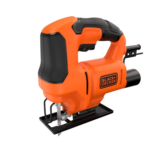 A BLACK+DECKER orange and black electric jigsaw tool, shown from the side on a white background.