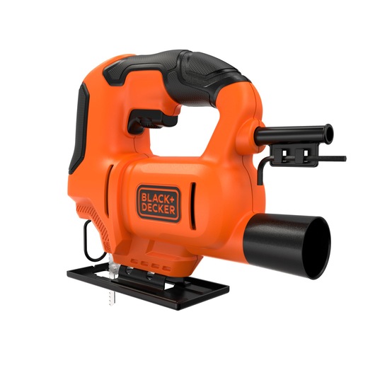 An orange and black BLACK+DECKER electric jigsaw with an ergonomic handle, metal base plate, visible blade, and a dust extraction port.