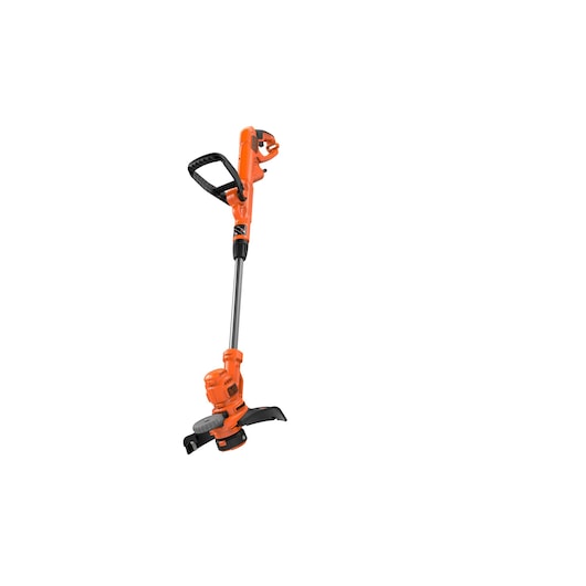 A BLACK+DECKER orange electric grass trimmer with a black handle and cutting head, shown against a white background.