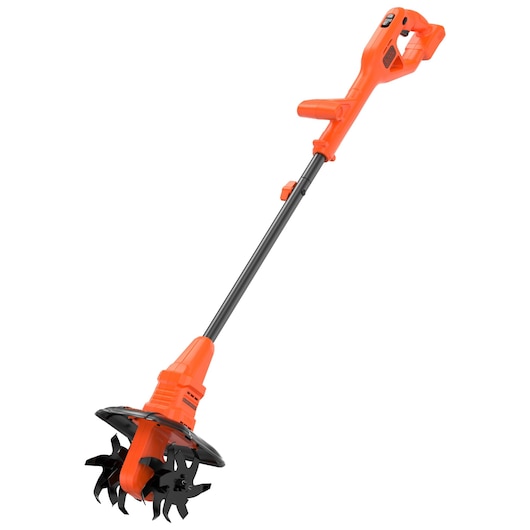 An orange BLACK+DECKER cordless electric garden tiller with a long handle, designed for soil cultivation and gardening tasks. The tool features sharp rotating blades at the bottom.