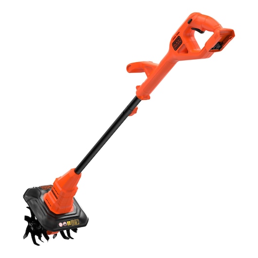 A BLACK+DECKER cordless garden tiller with an orange and black design, featuring a long handle, ergonomic grip, and rotating metal blades at the base for soil cultivation.