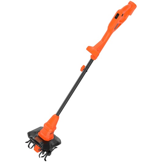 A BLACK+DECKER cordless electric garden tiller with an orange and black design, featuring a long handle and rotating tines at the base, used for soil cultivation.