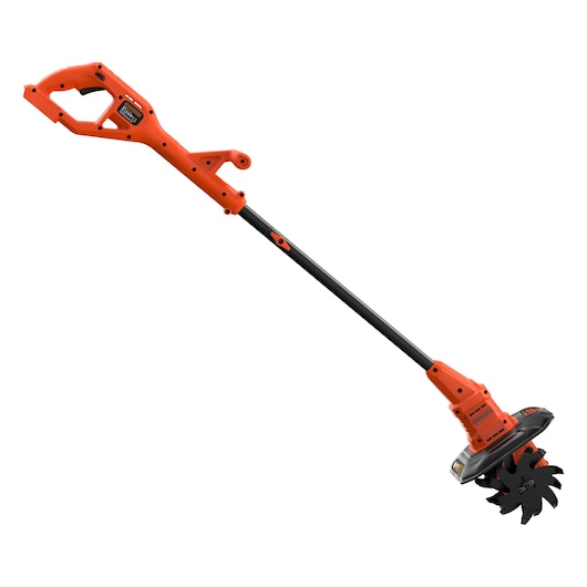 A BLACK+DECKER cordless garden edger with an orange and black design. It has a long handle and a circular, serrated cutting blade at the bottom, suitable for trimming lawn edges.