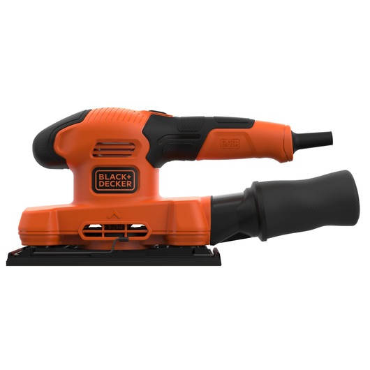 A Black+Decker orange and black electric sander, shown from the side with a rectangular sanding surface and dust collection attachment.