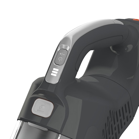 BLACK+DECKER BHFEA18D1 handheld vacuum cleaner close-up, showing power button and empty button, white background.
