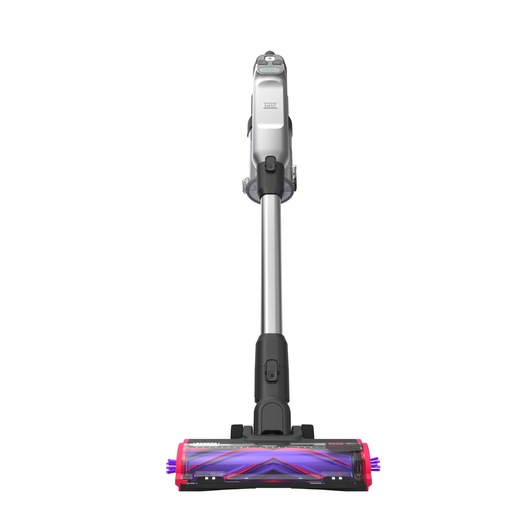 BLACKDECKER BHFEA640WP cordless stick vacuum, front angle, silver and black with purple accents on white background.