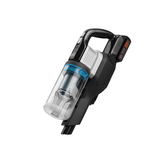 BLACKDECKER BHFEB520D1 handheld vacuum cleaner with transparent dustbin, black and blue accents, side angle on white.