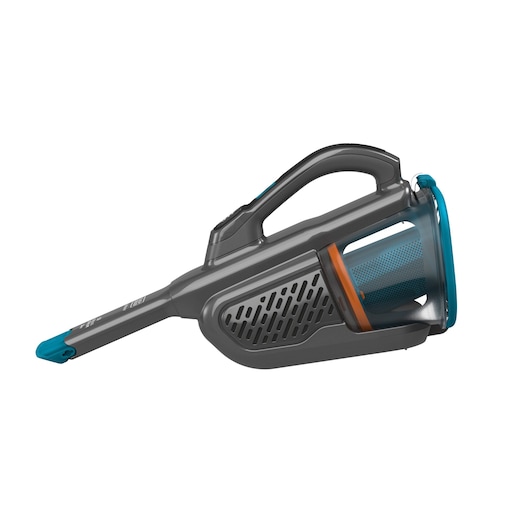 A BLACK+DECKER handheld vacuum cleaner with a slim nozzle, gray body, and blue accents, designed for portable cleaning.