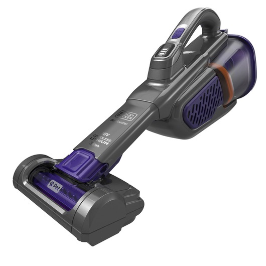 A BLACK+DECKER cordless handheld vacuum cleaner, model BHHV520BFP, featuring a purple and grey design with a brush attachment, shown on a white background.