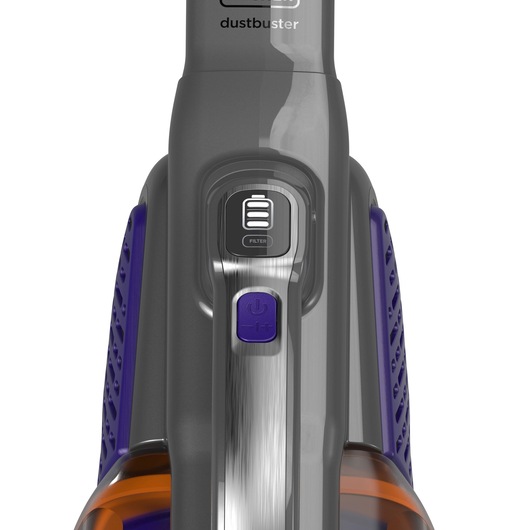 Close-up view of the control buttons and handle of a BLACK+DECKER handheld vacuum cleaner, showing the filter indicator and power button in detail.