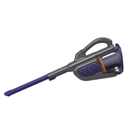 A BLACK+DECKER handheld cordless vacuum cleaner with a long purple nozzle and a grey handle, designed for cleaning small areas or tight spaces.