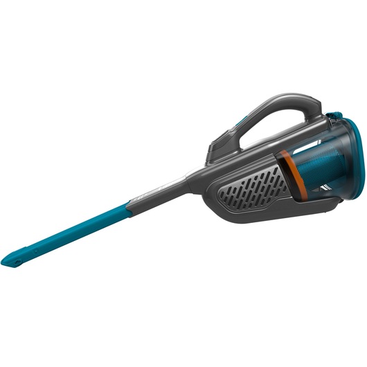 A handheld cordless vacuum cleaner with a long, slim blue nozzle and a gray and blue body, featuring a transparent dust container.