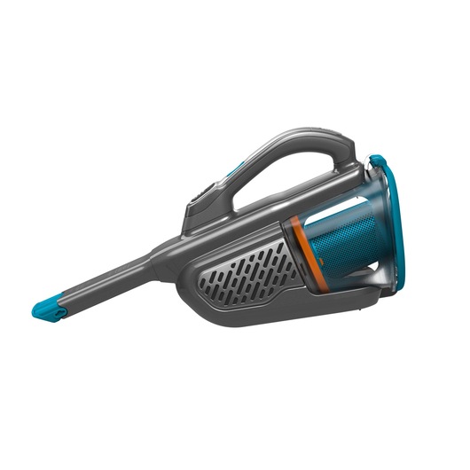 A handheld cordless vacuum cleaner with a slim nozzle and ergonomic handle, primarily grey with blue and orange accents, photographed on a white background.