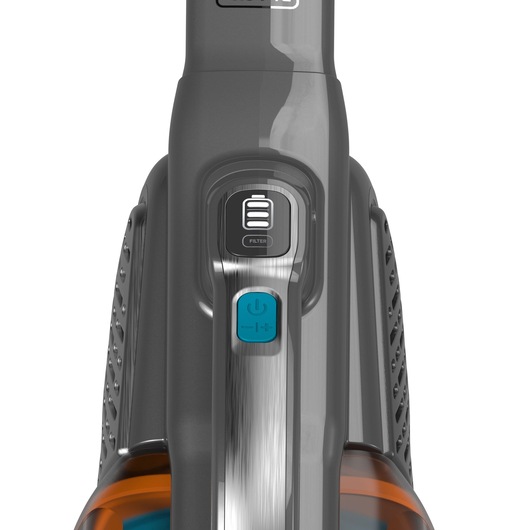 Close-up view of the control buttons and filter indicator on a BLACK+DECKER handheld vacuum cleaner, featuring a blue power button and a filter status display.