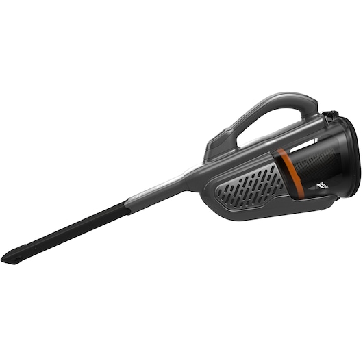 A BLACK+DECKER handheld vacuum cleaner with an extended nozzle attachment, shown in side profile on a white background.
