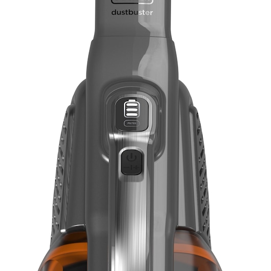 Close-up view of the control buttons on a BLACK+DECKER Dustbuster handheld vacuum cleaner, showing the filter indicator and power button on a sleek, modern grey design.