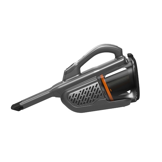 A BLACK+DECKER handheld vacuum cleaner with a sleek grey design, featuring a long nozzle and an ergonomic handle.