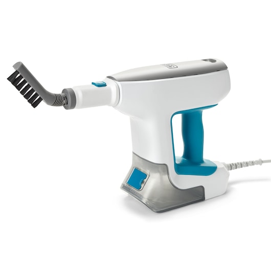BLACKDECKER BHSM15FX10 handheld steam cleaner with brush attachment, white and blue, side angle on white background.