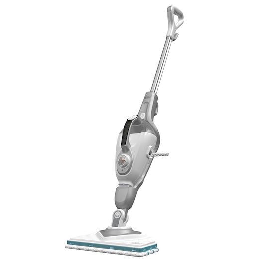 A BLACK+DECKER steam mop with a grey and white body, ergonomic handle, and a rectangular cleaning head, designed for floor cleaning.