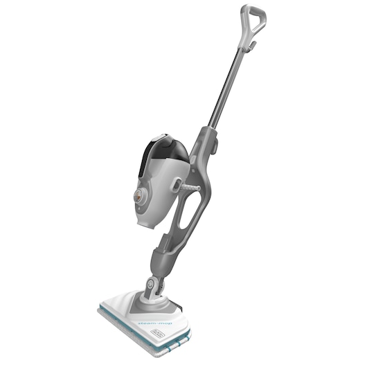 A BLACK+DECKER steam mop with a detachable handheld unit, featuring a grey and white design. The mop head is rectangular with a cleaning pad attached, and the handle is ergonomic.