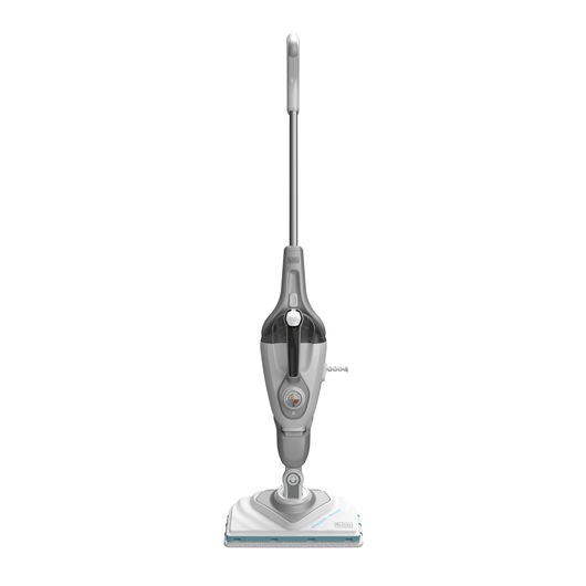 A front view of a BLACK+DECKER steam mop with a grey and white design, featuring a rectangular cleaning head and a long handle.