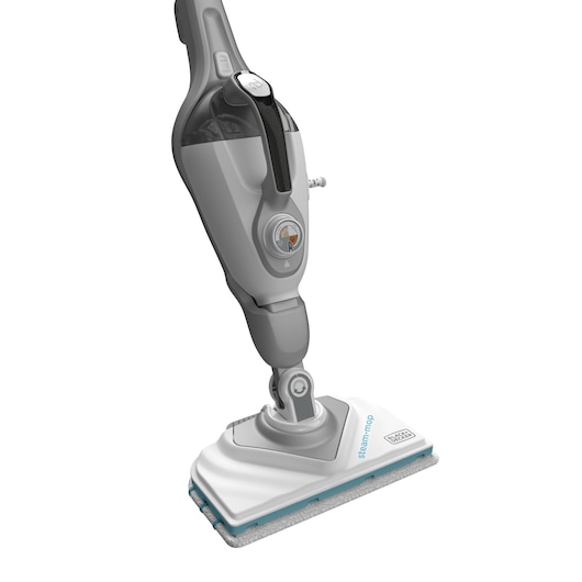 A close-up view of a BLACK+DECKER steam mop, showing the handle, water tank, and rectangular cleaning head with a microfiber pad attached.