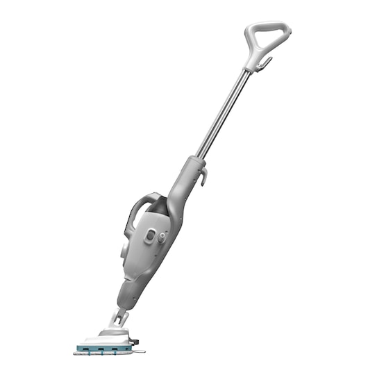 A grey and white steam mop with a long handle and a triangular cleaning head, shown against a plain white background.