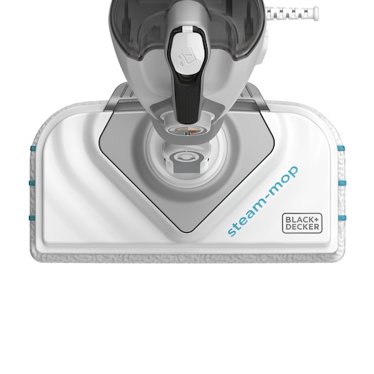 Top view of a BLACK+DECKER steam mop with a white and gray cleaning head, featuring the steam-mop label and the BLACK+DECKER logo.