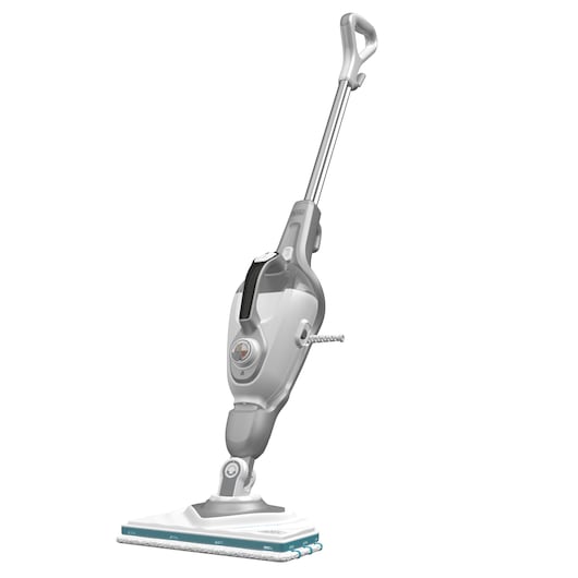 A BLACK+DECKER upright steam mop with a white and grey design, shown standing on a white background.