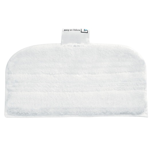 A close-up image of a white microfiber mop pad with a small tag at the top labeled 'easy on Velcro.' The pad is designed for cleaning and can be attached to a mop head using Velcro.
